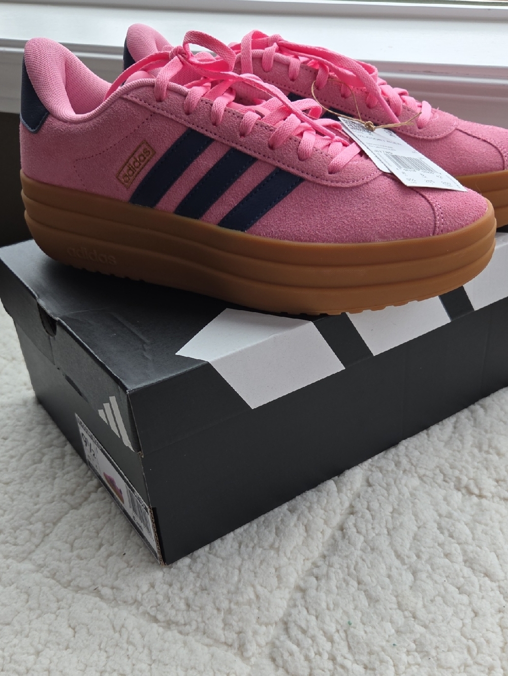 Adidas Women’s Pink Suede Platform Sneakers with Navy Stripes and Gum Sole